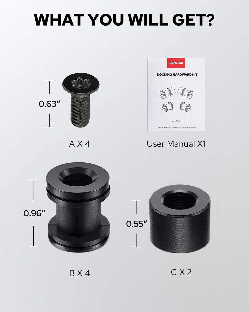 Benlari docking hardware next to measuring tape showing imperial sizing clarity