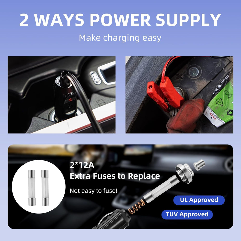 BENYAN power cable with battery clamp showing flexible 12V connection options