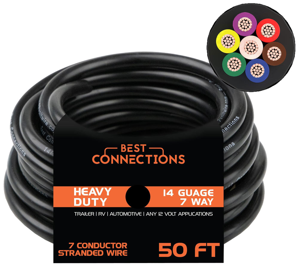 BEST CONNECTIONS front packaging of 50ft 7-way trailer wire showing product details and length