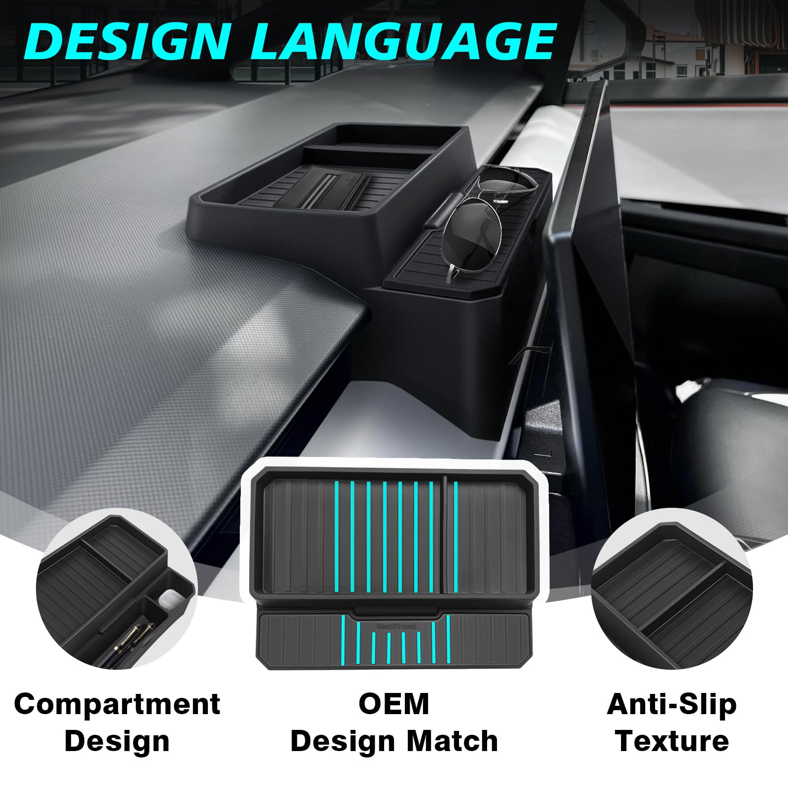 BestEvMod tray beside a credit card to show compact, custom dimensions