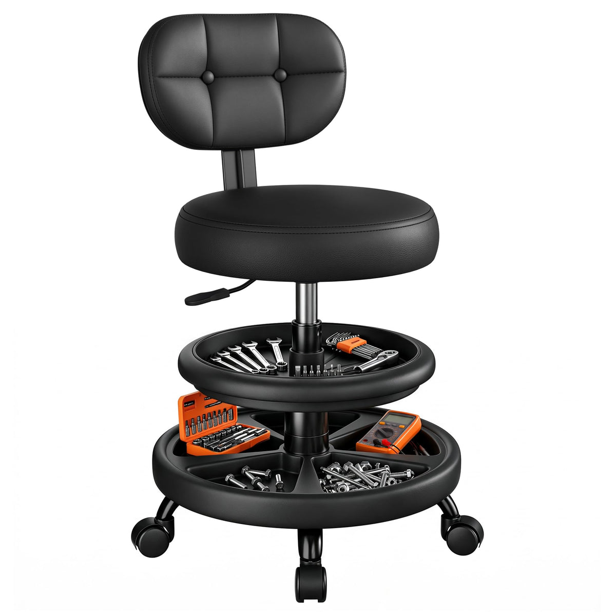 BestGlory front view of rolling shop stool showing compact design and mobility