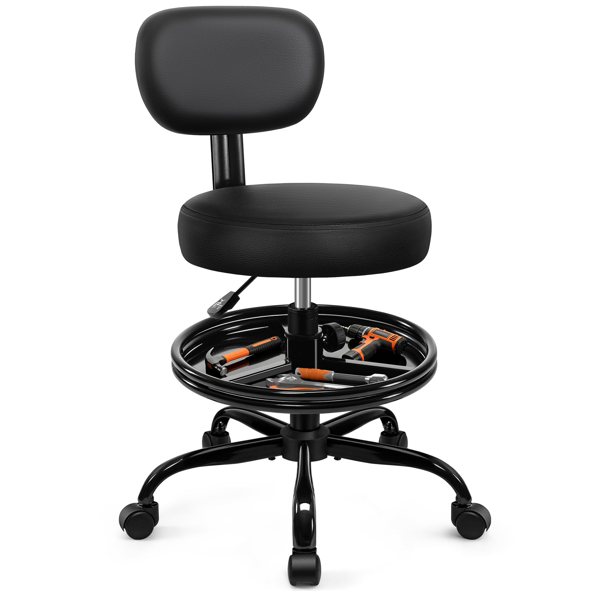 BestGlory front view of rolling shop stool showing seat and backrest comfort