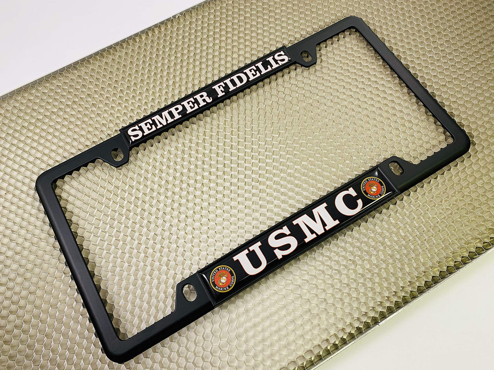 BestLicensePlateFrames USMC rear view showing two securing tabs to prevent rattling