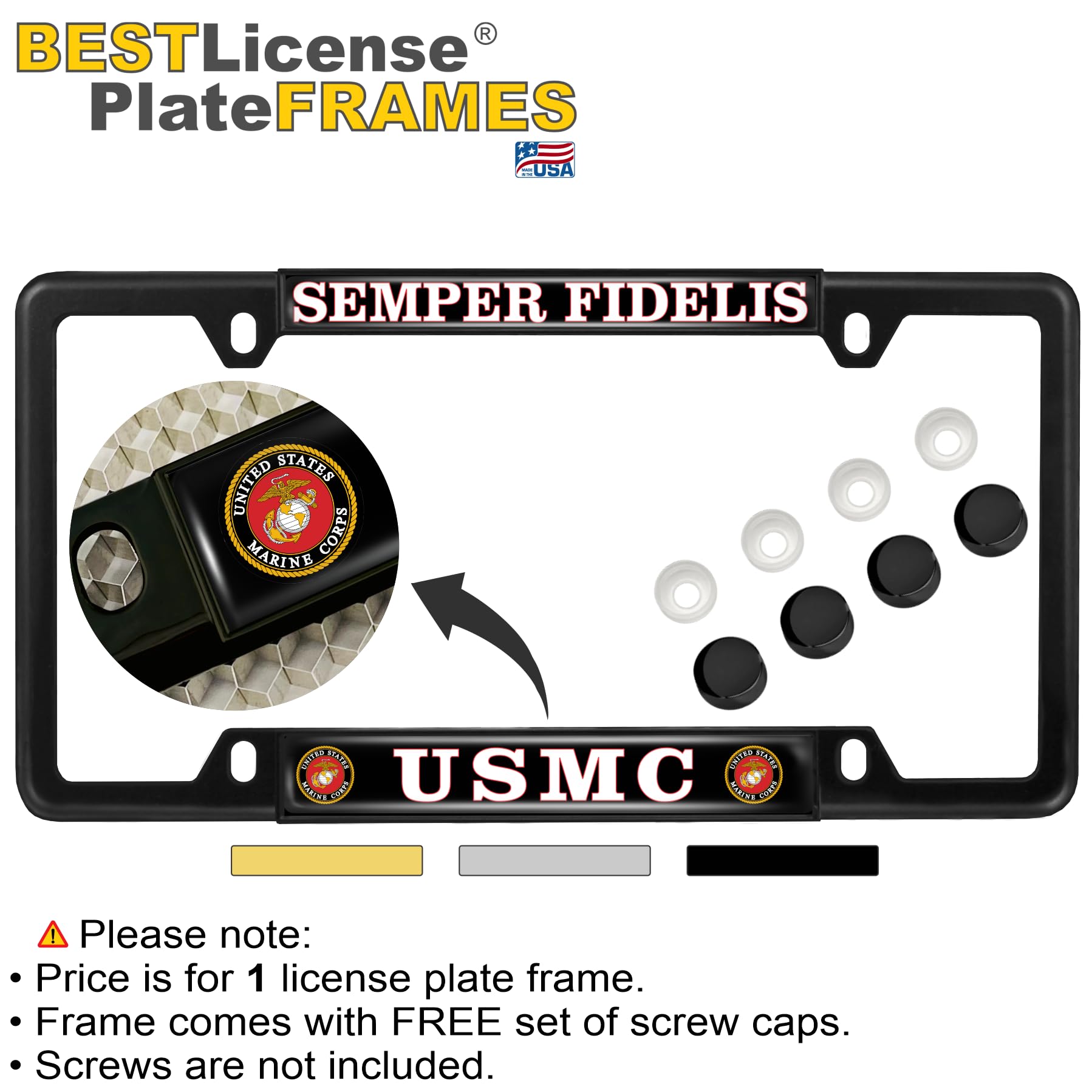 BestLicensePlateFrames USMC close-up of artwork under clear polyurethane dome protecting colors