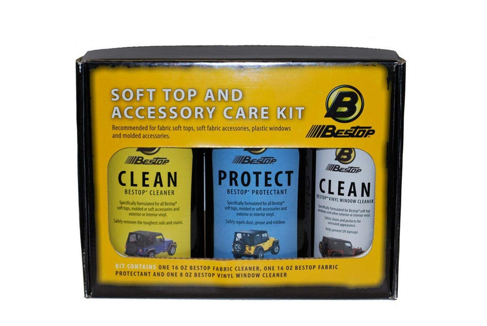 Bestop kit box front showing products, clean soft top protection