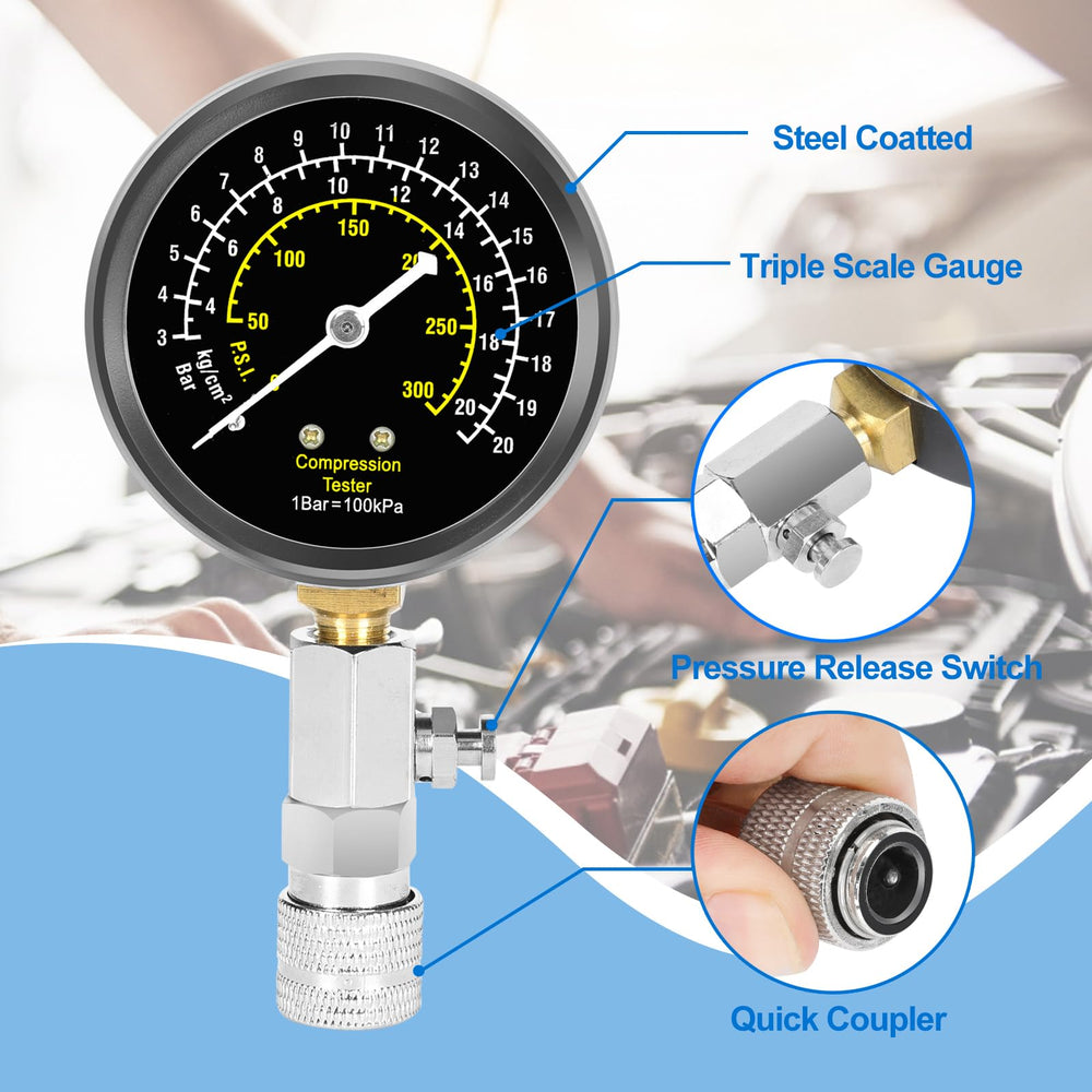 BETOOLL gauge attached to an engine cylinder illustrating in-use quick compression testing