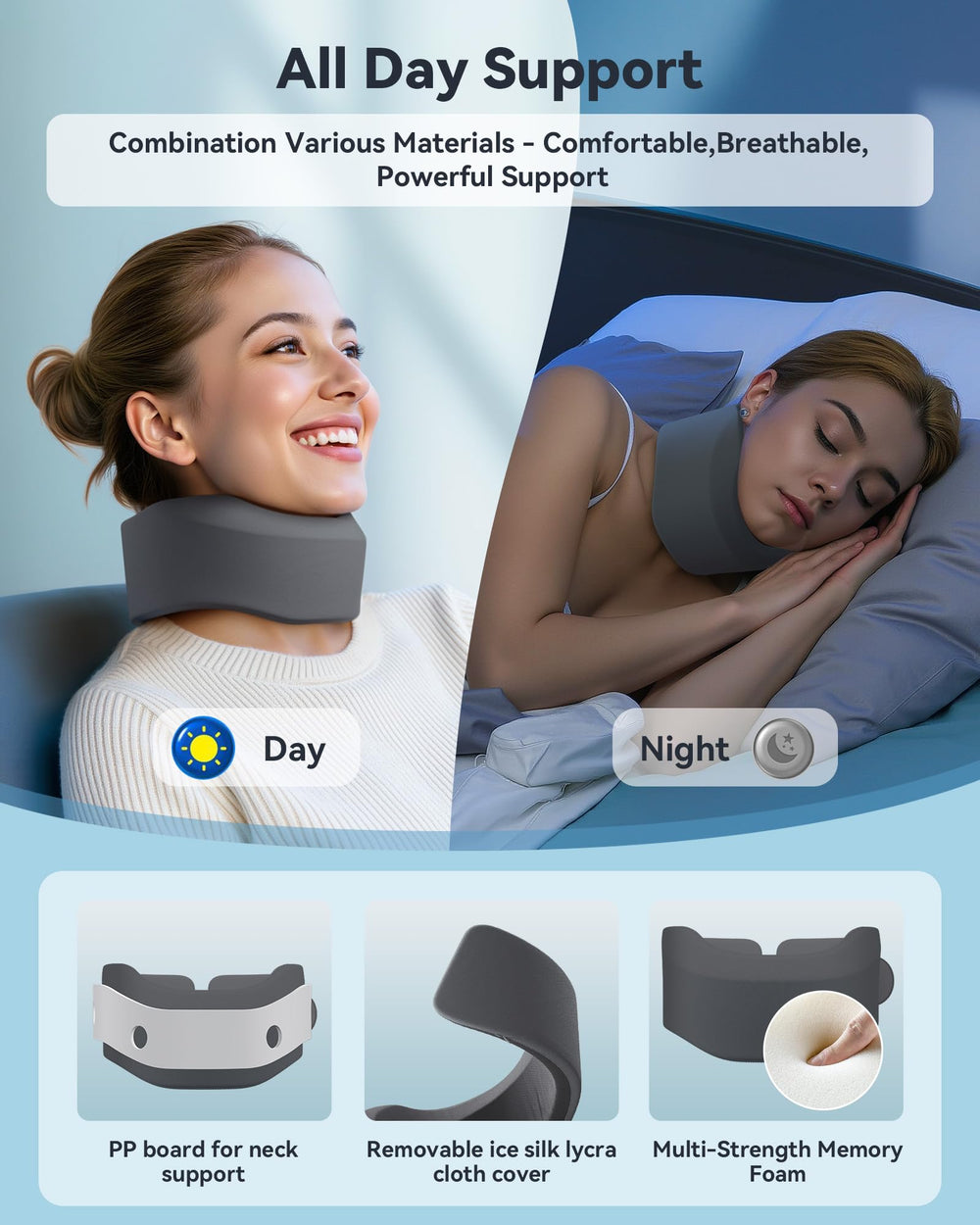 BETOVIN neck brace on model sleeping to demonstrate stabilized resting posture