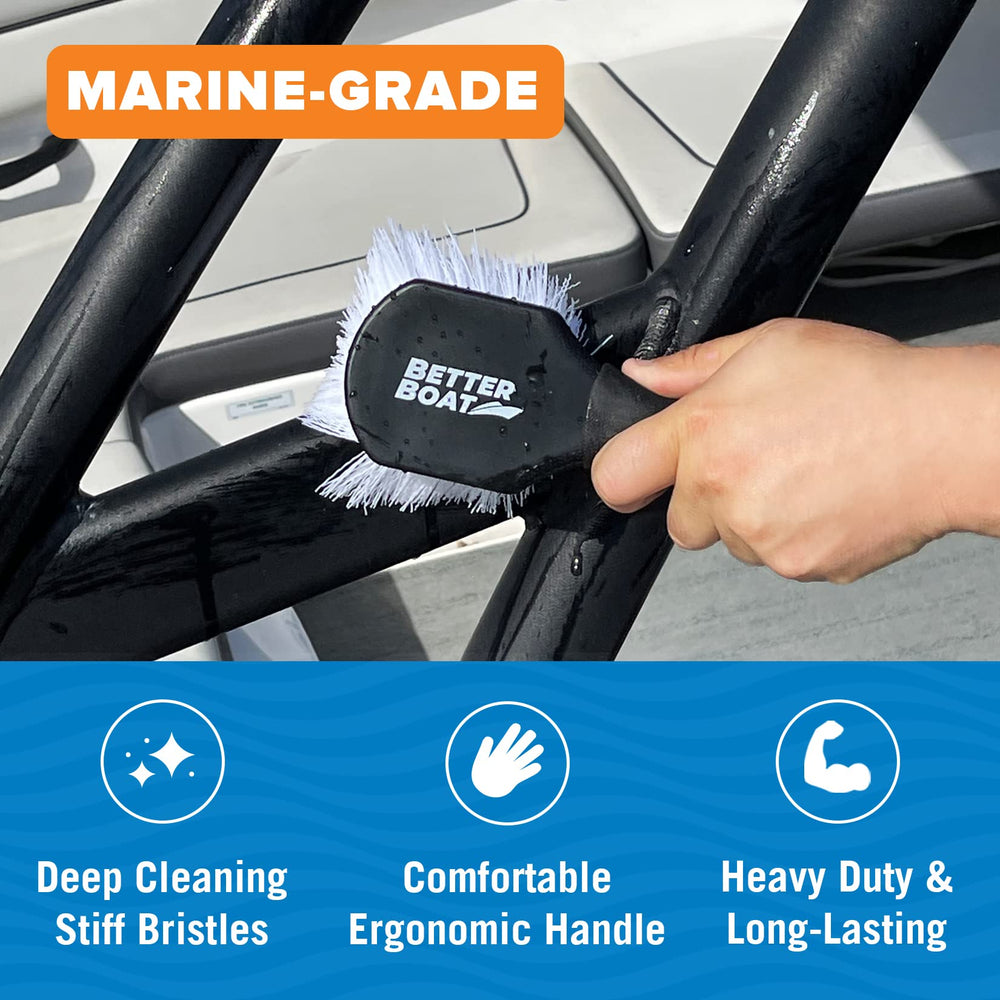 Better Boat brush cleaning a boat deck showing algae and scum removal benefit