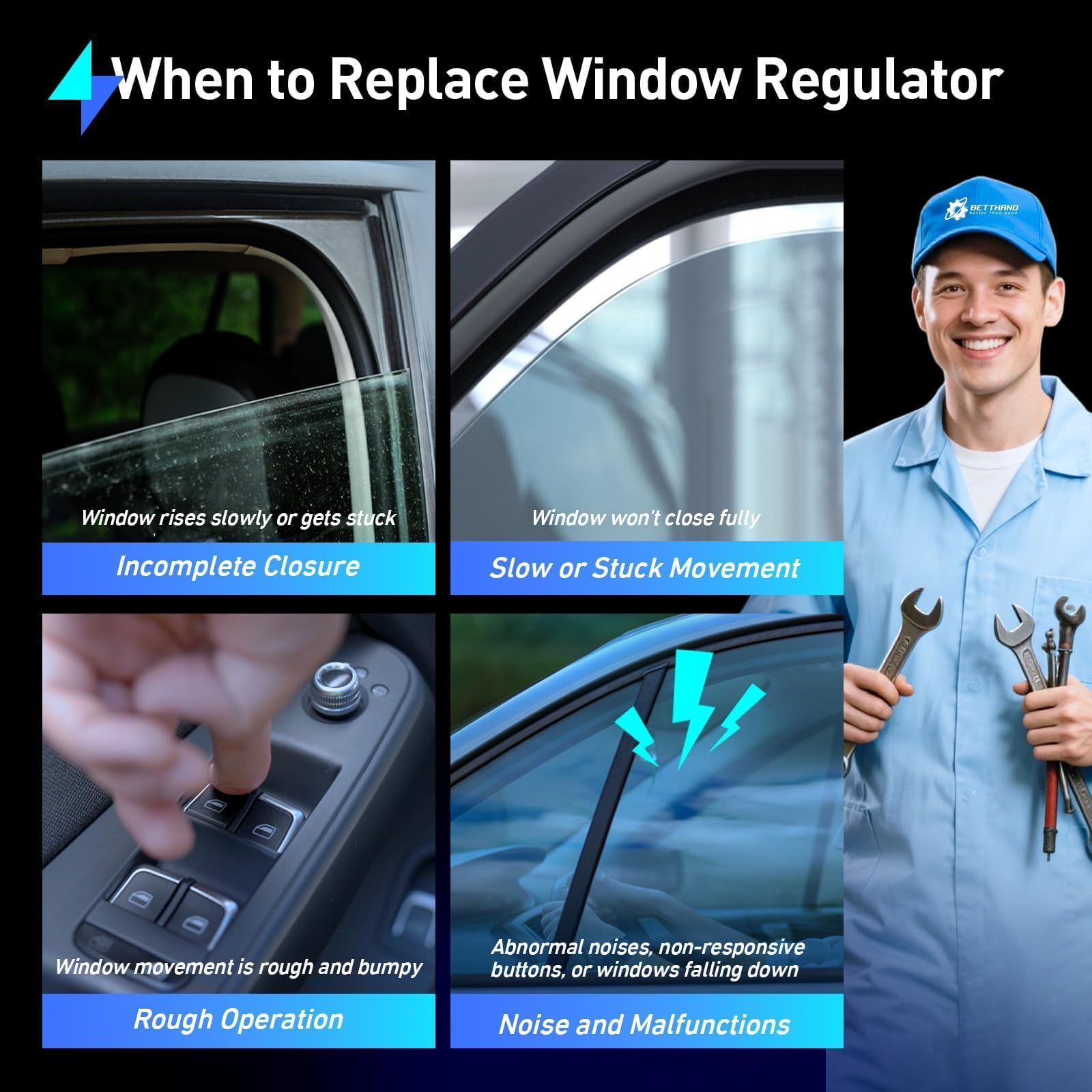 Betthand regulator installed inside car door demonstrating proper fit and restored window function benefit
