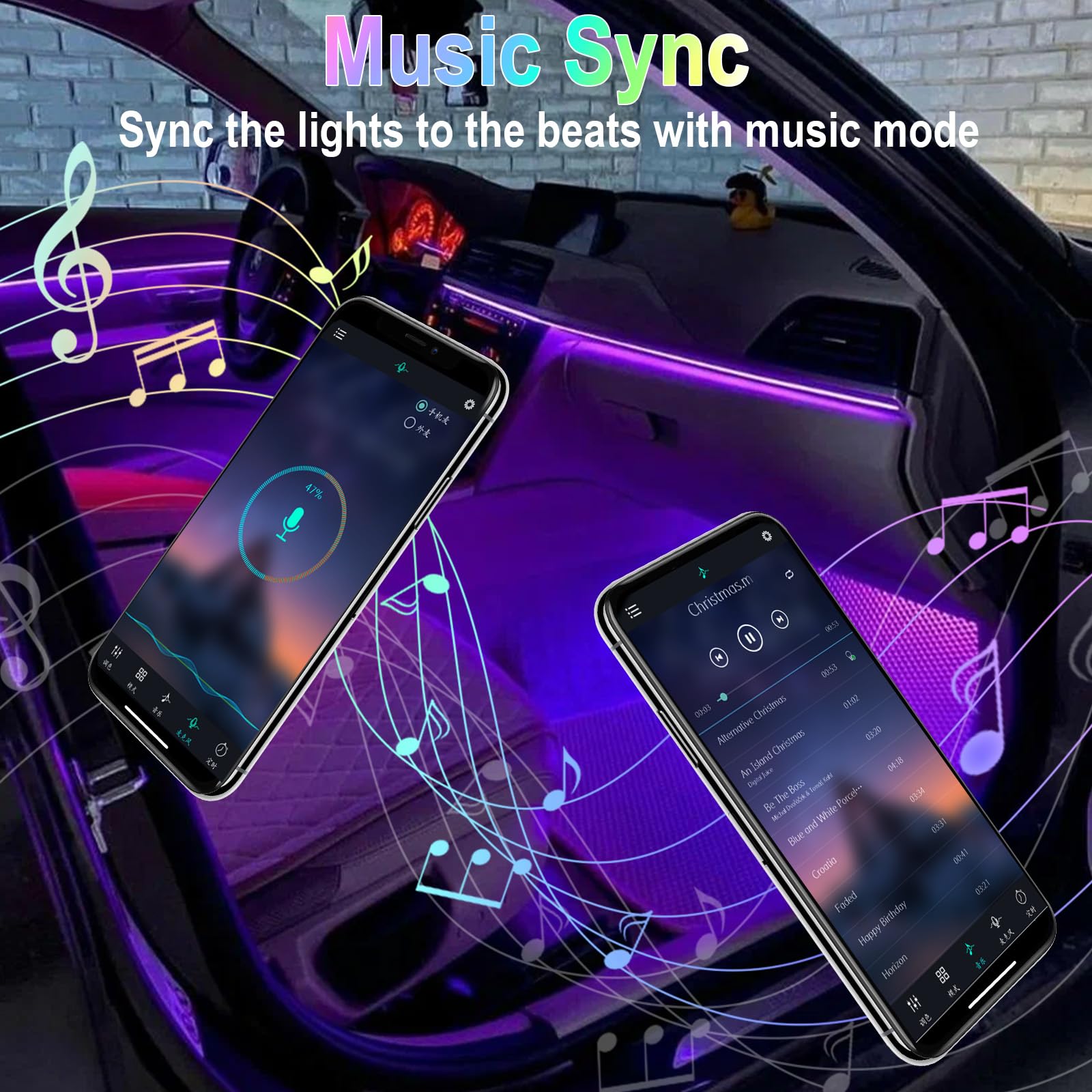 BFXM interior at night during a drive showing music-sync mood lighting