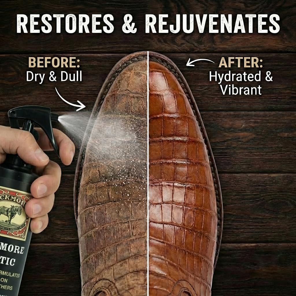 Bickmore-treated exotic leather before and after showing visible rejuvenation