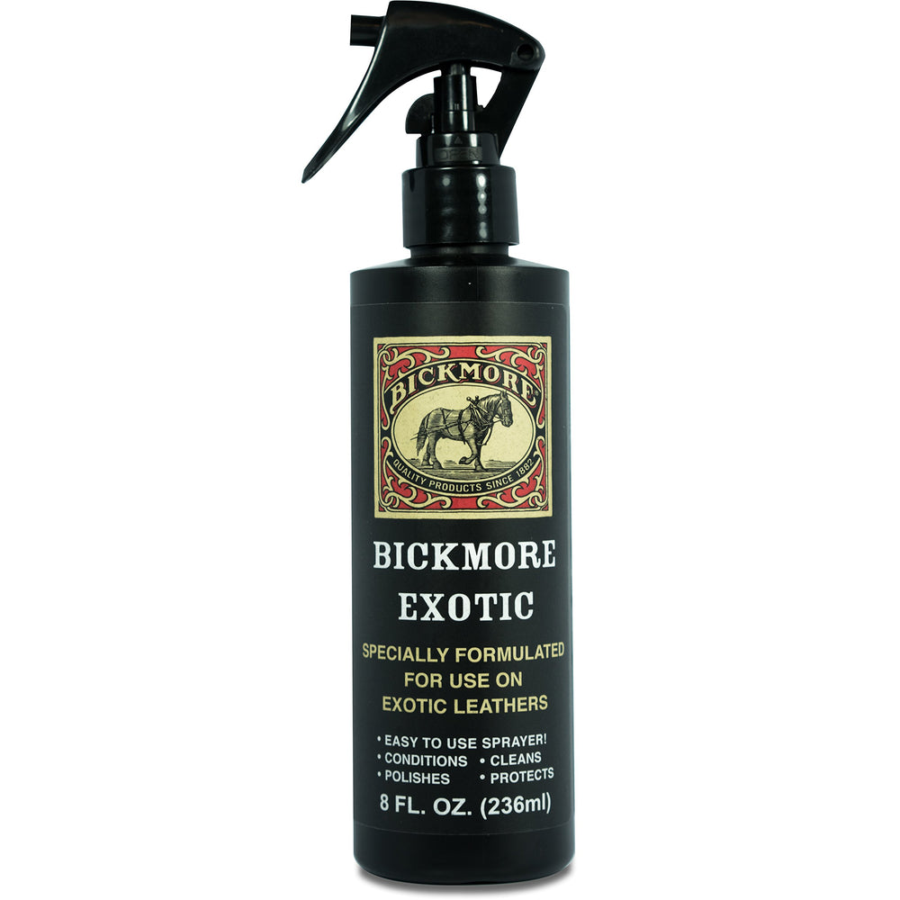 Bickmore bottle front packaging showing brand and exotic leather care benefit