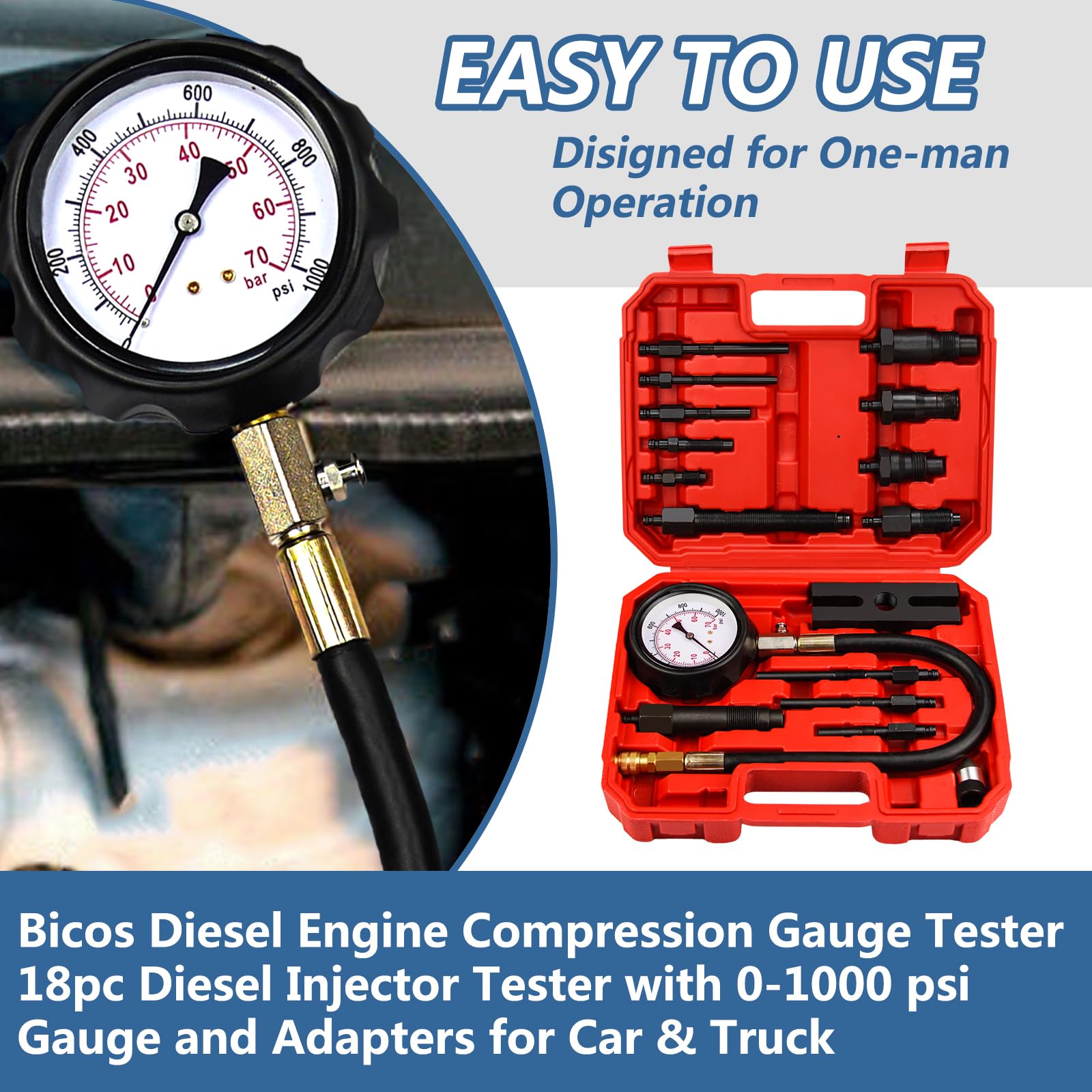 Bicos kit in workshop testing a diesel engine for quick cylinder checks