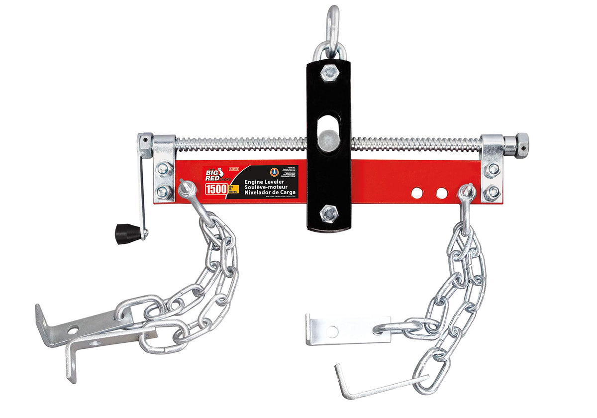 BIG RED front profile leveler showing steel beam and hook, improves lifting control