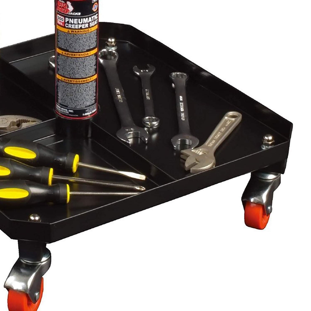 Big RED casters detail showing four 360-degree wheels for smooth garage mobility