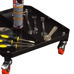 Big RED casters detail showing four 360-degree wheels for smooth garage mobility