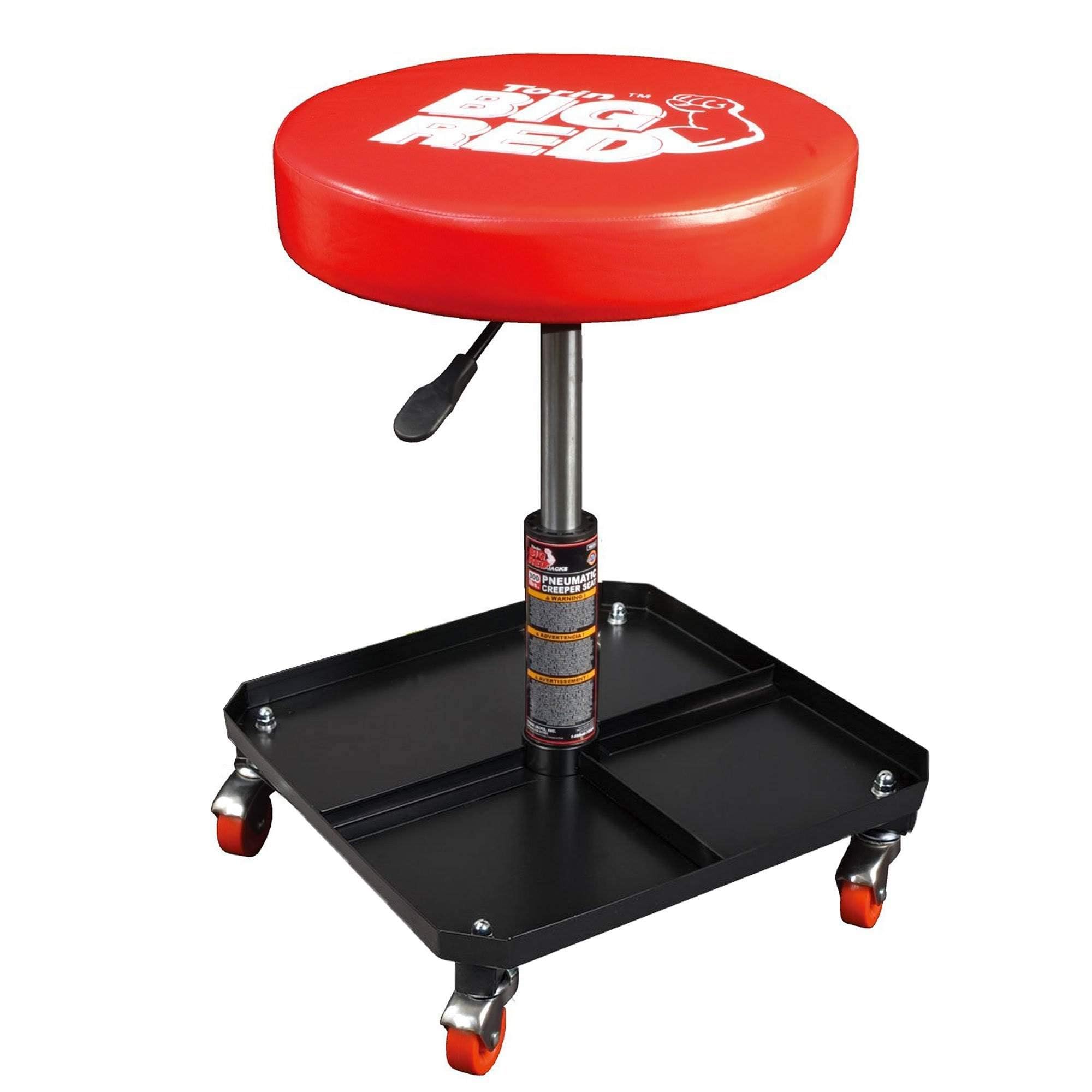 Big RED front view of mechanic stool showing padded seat and tray for comfortable work
