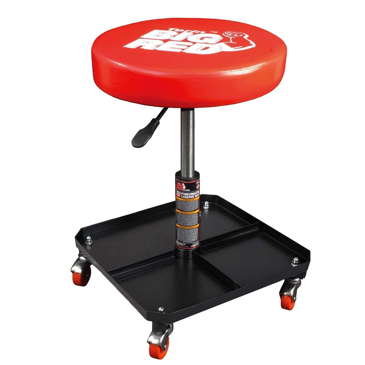 Big RED front view of mechanic stool showing padded seat and tray for comfortable work