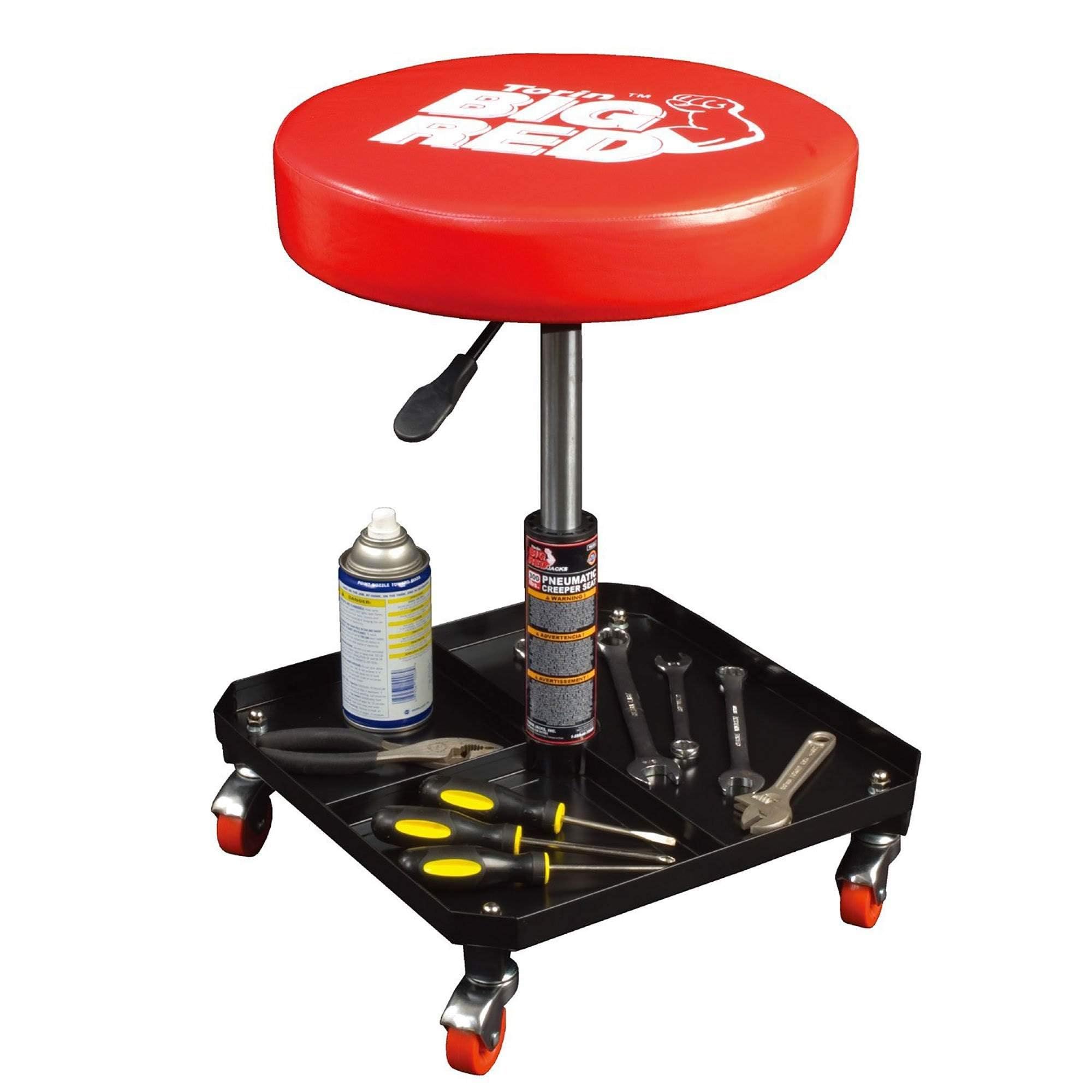 Big RED lifestyle image in garage showing stool speeding up auto repair tasks