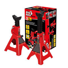BIG RED front view of pair of jack stands showing stability and load support