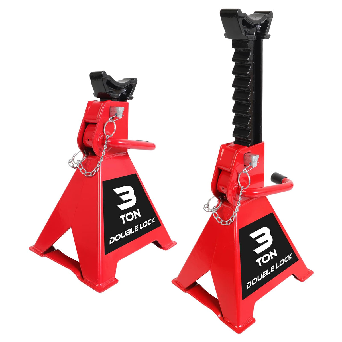 BIG RED pair of jack stands front view showing sturdy construction and visibility