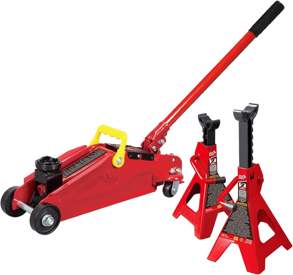 BIG RED pair of jack stands showing welded frame and stable pyramid bases