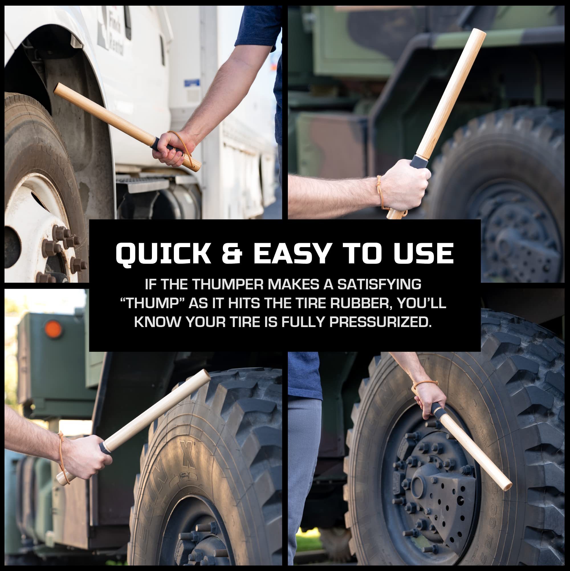 BIG RIG DEFENSE B R in use striking a truck tire demonstrates quick inflation checking benefit