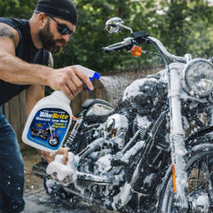 Bike Brite applied to motorcycle engine and chrome showing degreasing benefit
