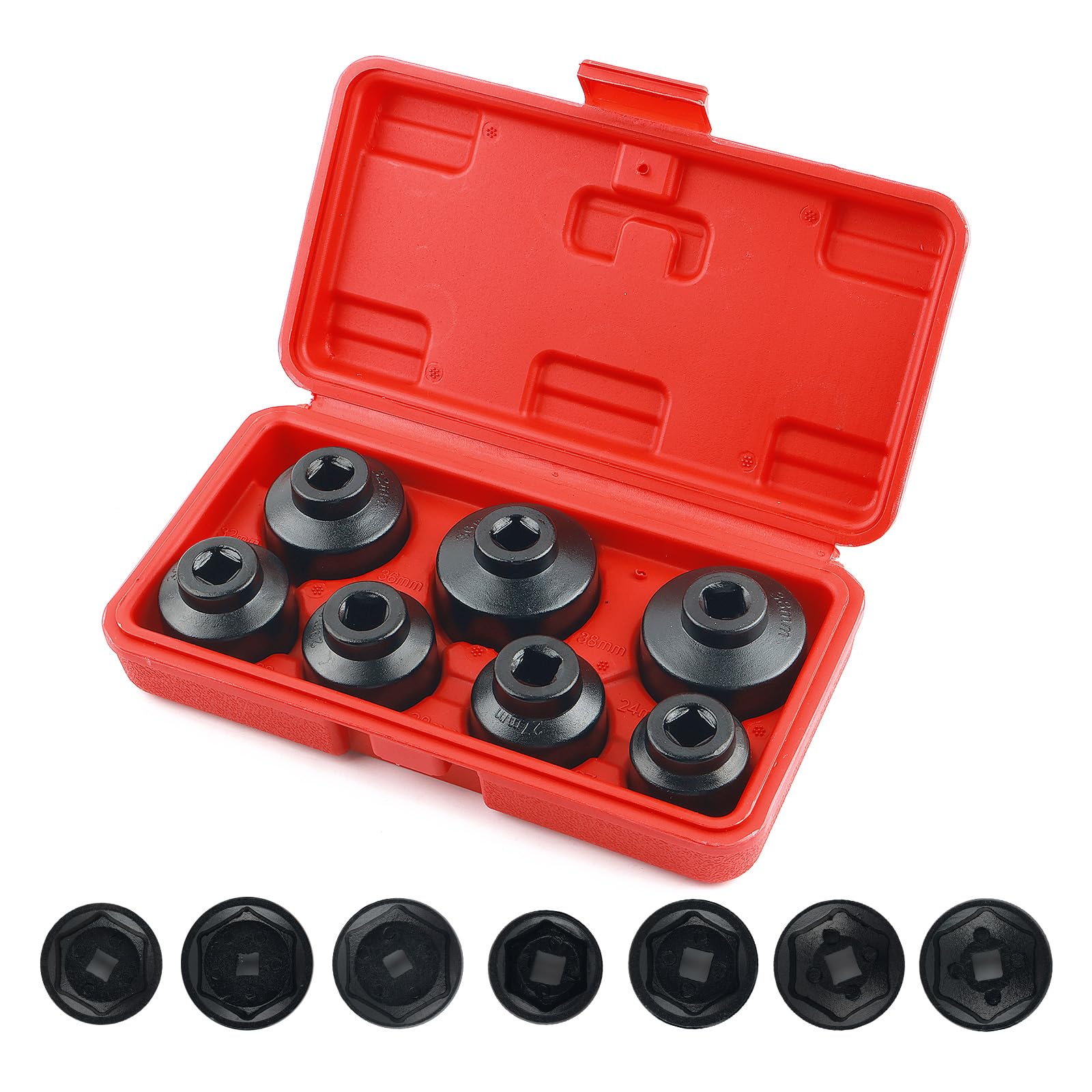 BILEKSU front view of 7-piece oil filter socket set, organized for easy selection and transport