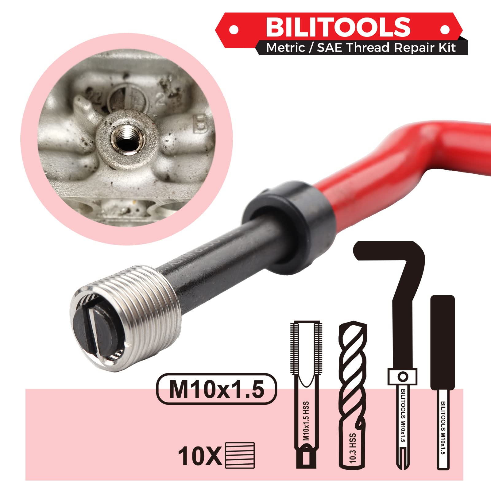 BILITOOLS 304 stainless insert detail showing corrosion resistance benefit