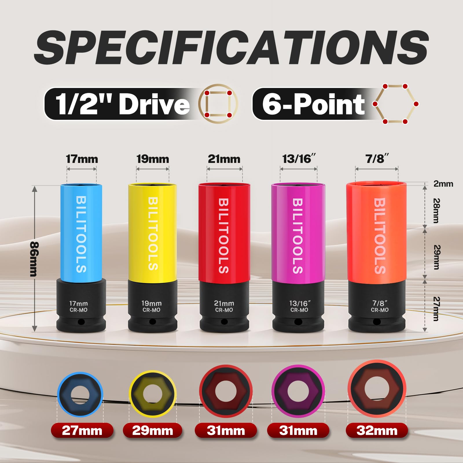 BILITOOLS close-up of color-coded sleeves for fast size identification and safety