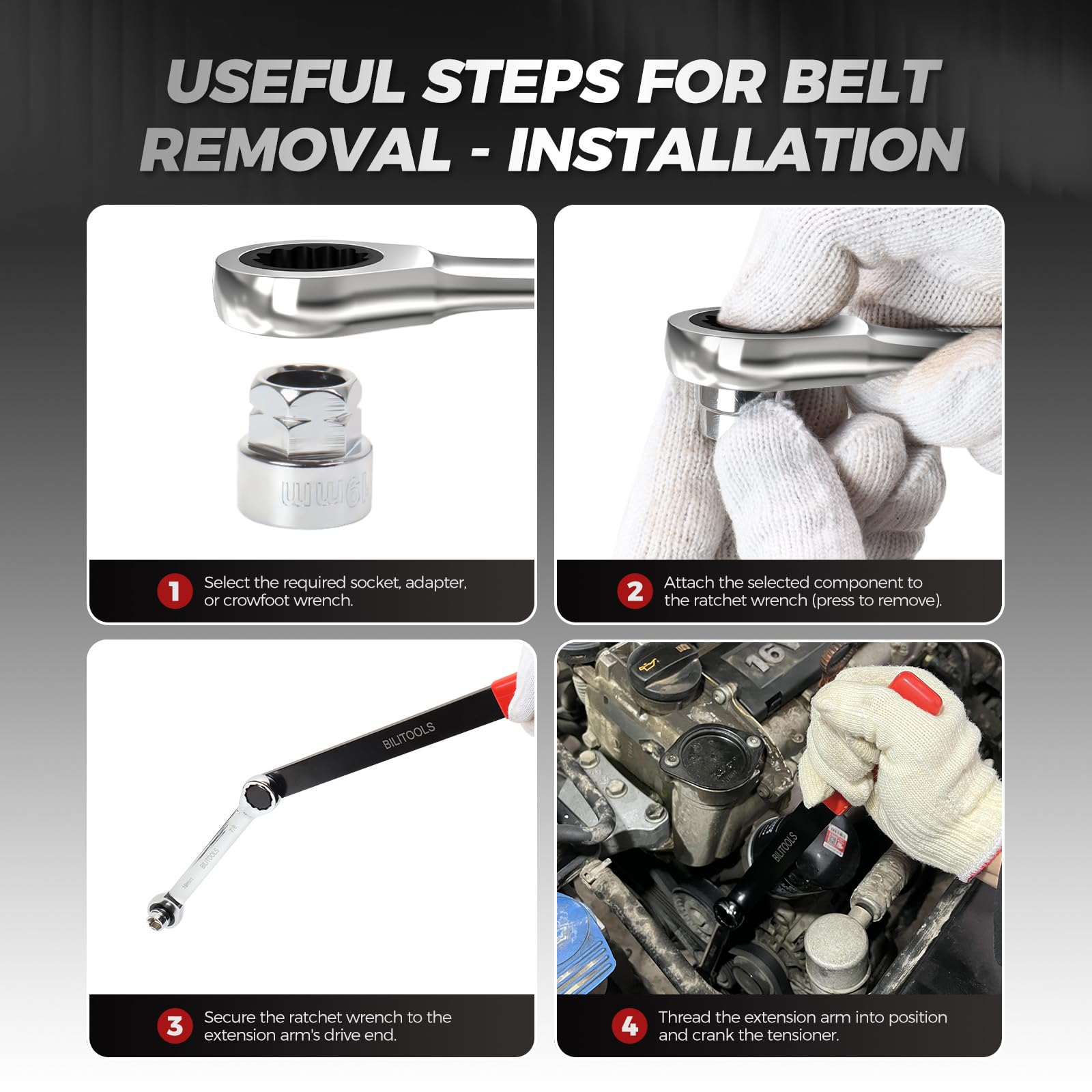 BILITOOLS crowfoot wrenches shown for angled belt tensioner access