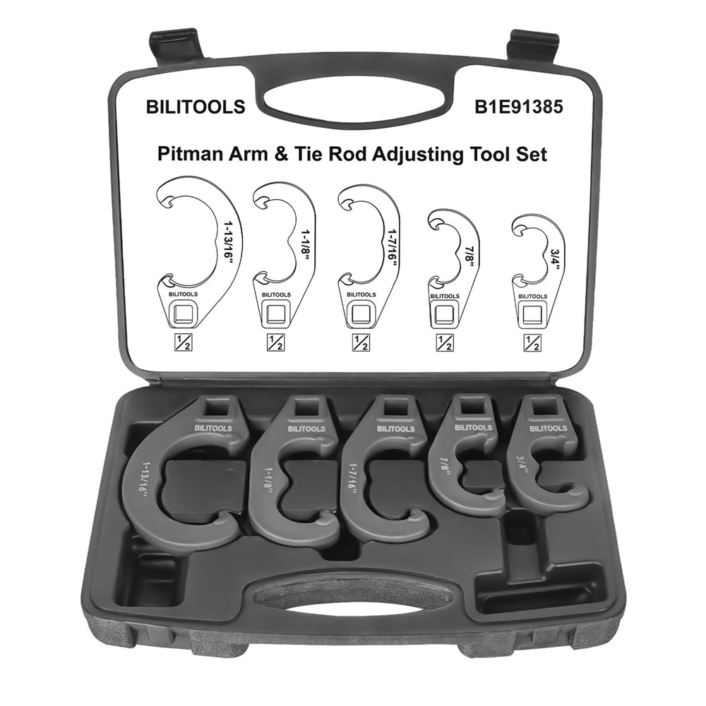 BILITOOLS kit front view showing five adapters and carrying case, quick identification benefit