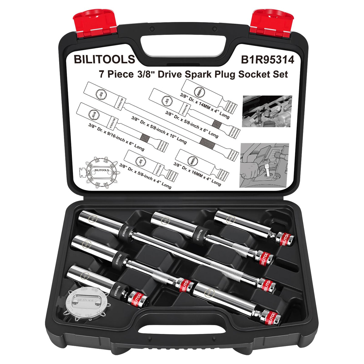 BILITOOLS front packaging showing full spark plug socket set and case, convenient storage
