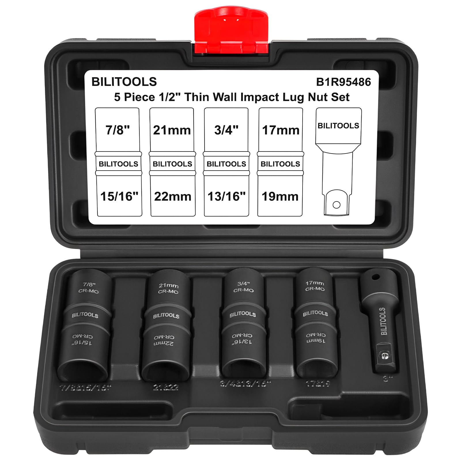 BILITOOLS front packaging showing the 5pc flip lug nut socket set and case for easy storage
