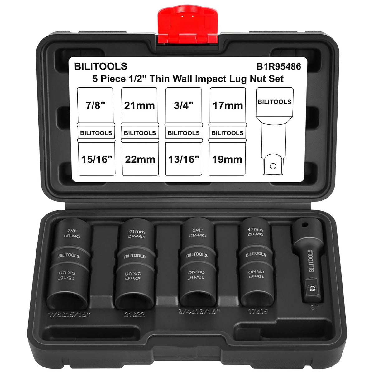 BILITOOLS front packaging showing the 5pc flip lug nut socket set and case for easy storage