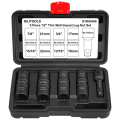 BILITOOLS front packaging showing the 5pc flip lug nut socket set and case for easy storage
