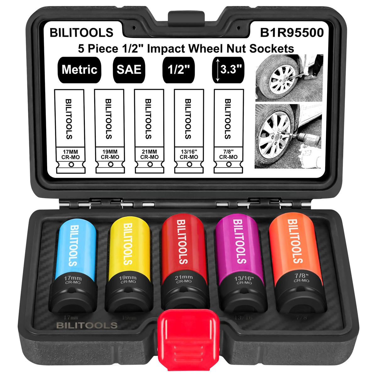 BILITOOLS front view of five-socket set showing sizes and colors for quick use