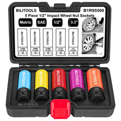 BILITOOLS front view of five-socket set showing sizes and colors for quick use