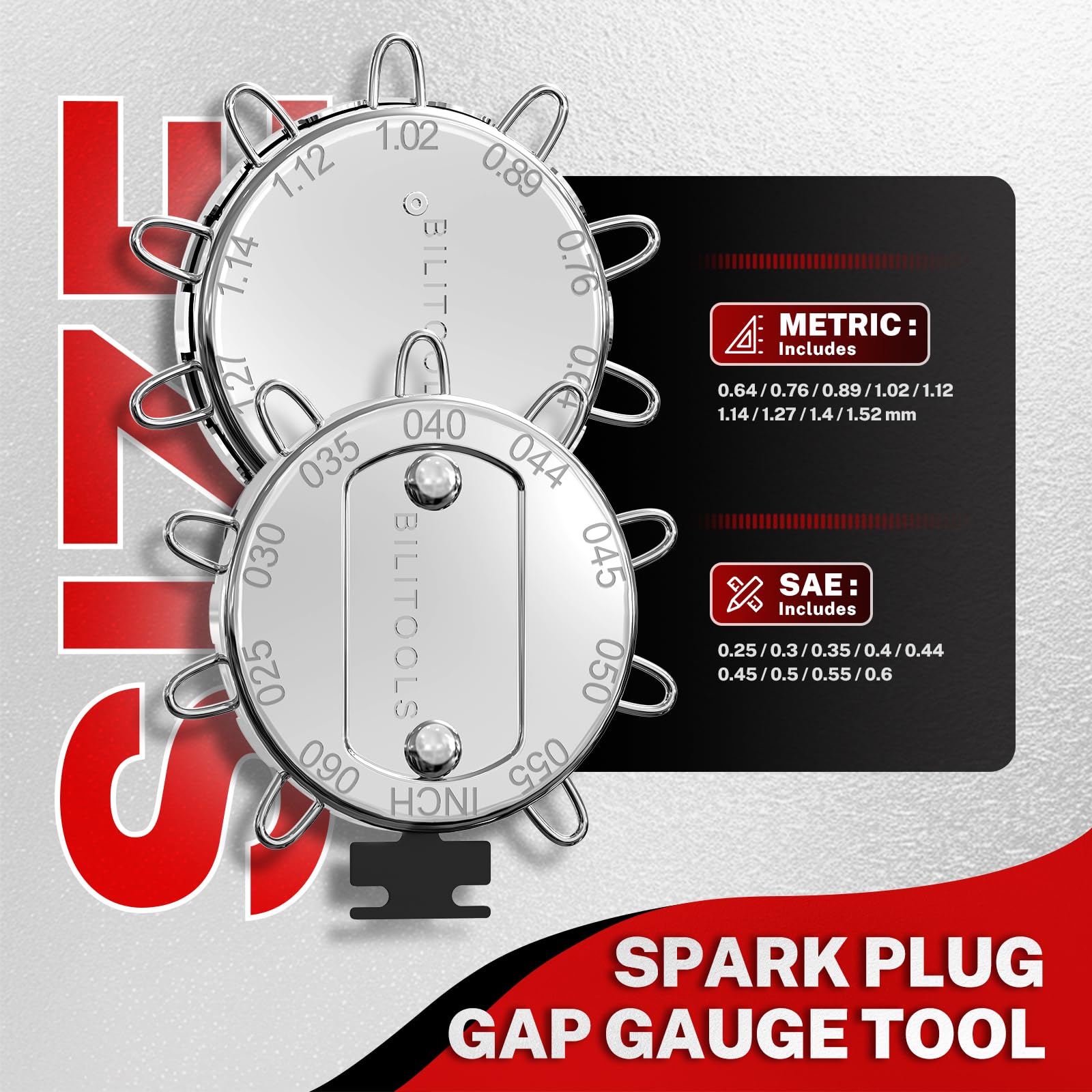 BILITOOLS gap tool and labeled feeler blades for precise spark plug gap setting