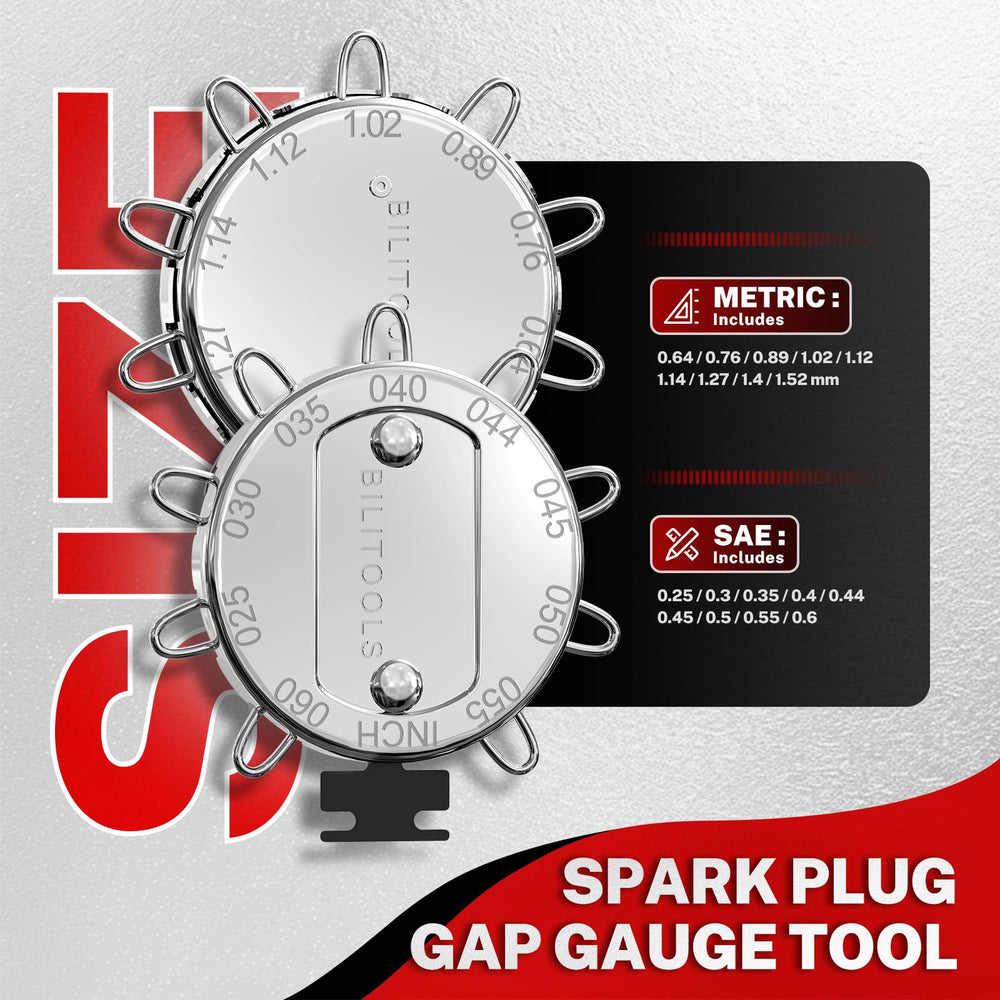 BILITOOLS gap tool and labeled feeler blades for precise spark plug gap setting