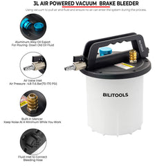 BILITOOLS unit connected to caliper bleeder screw illustrating vacuum extraction for cleaner bleeding