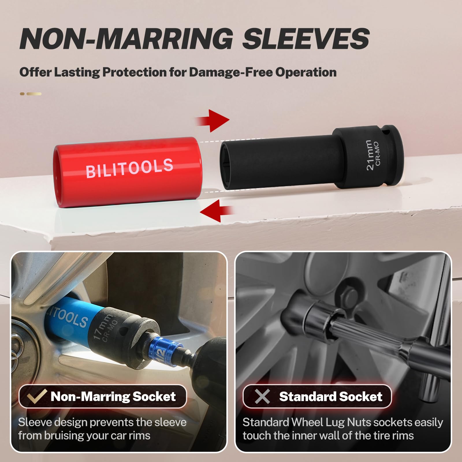 BILITOOLS socket in use on car wheel protecting paint while loosening lug nut