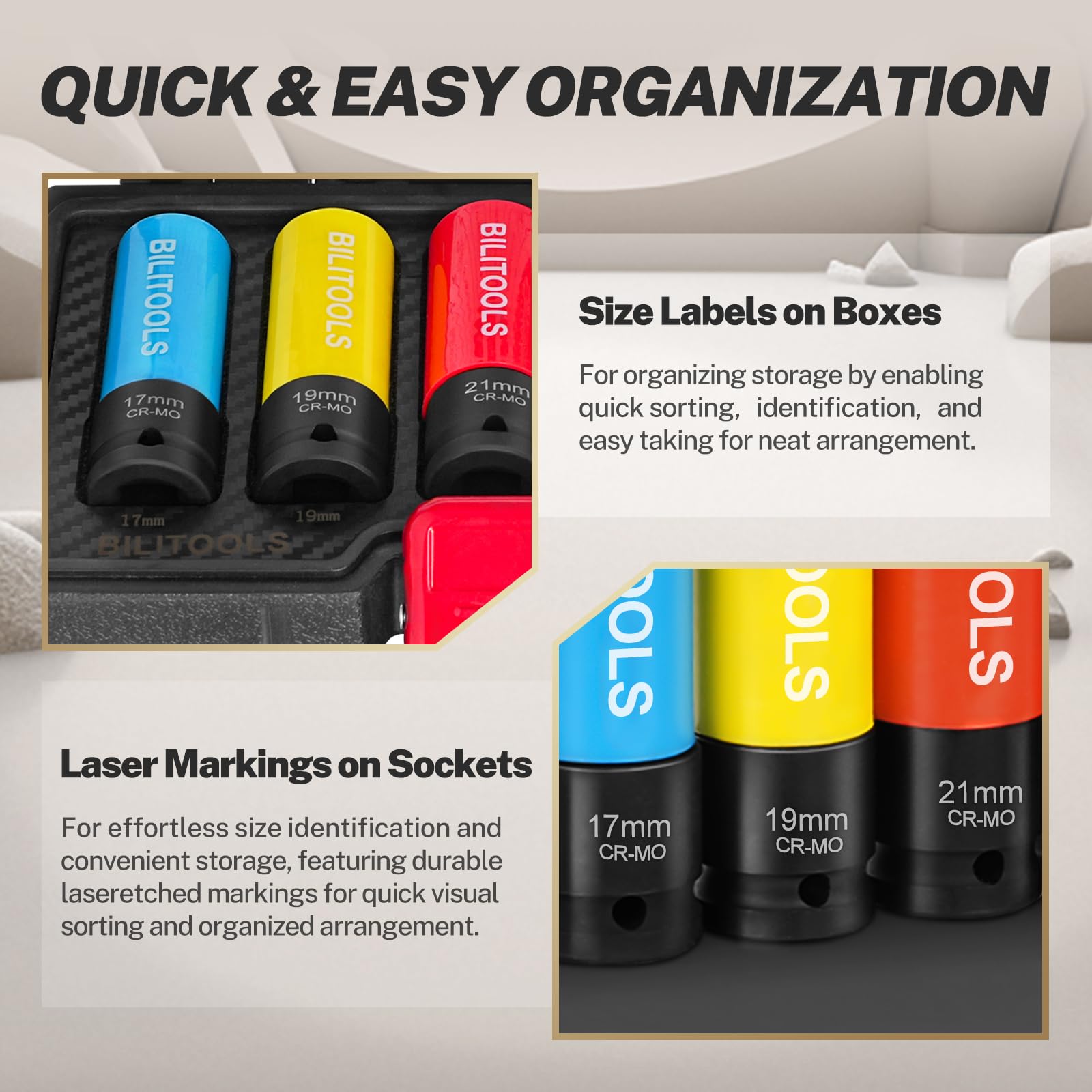 BILITOOLS organized kit layout on bench highlighting included five sizes