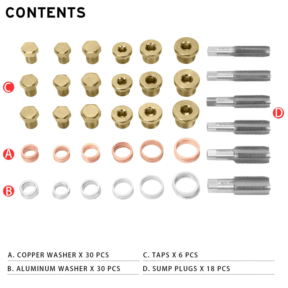 BILITOOLS assorted replacement sump plugs displayed to show compatible thread sizes and heads