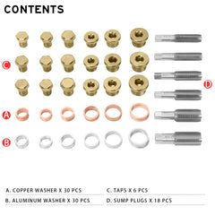 BILITOOLS assorted replacement sump plugs displayed to show compatible thread sizes and heads