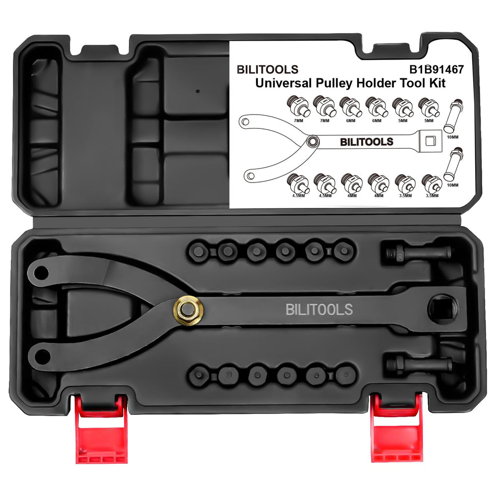 BILITOOLS pulley holder kit front view showing full toolset and benefits