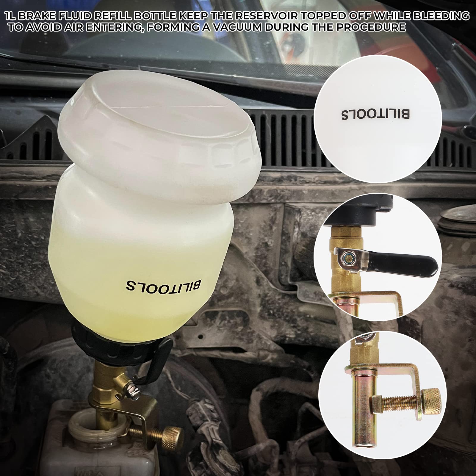BILITOOLS 1L refill bottle beside kit highlighting master cylinder topping to prevent air intake