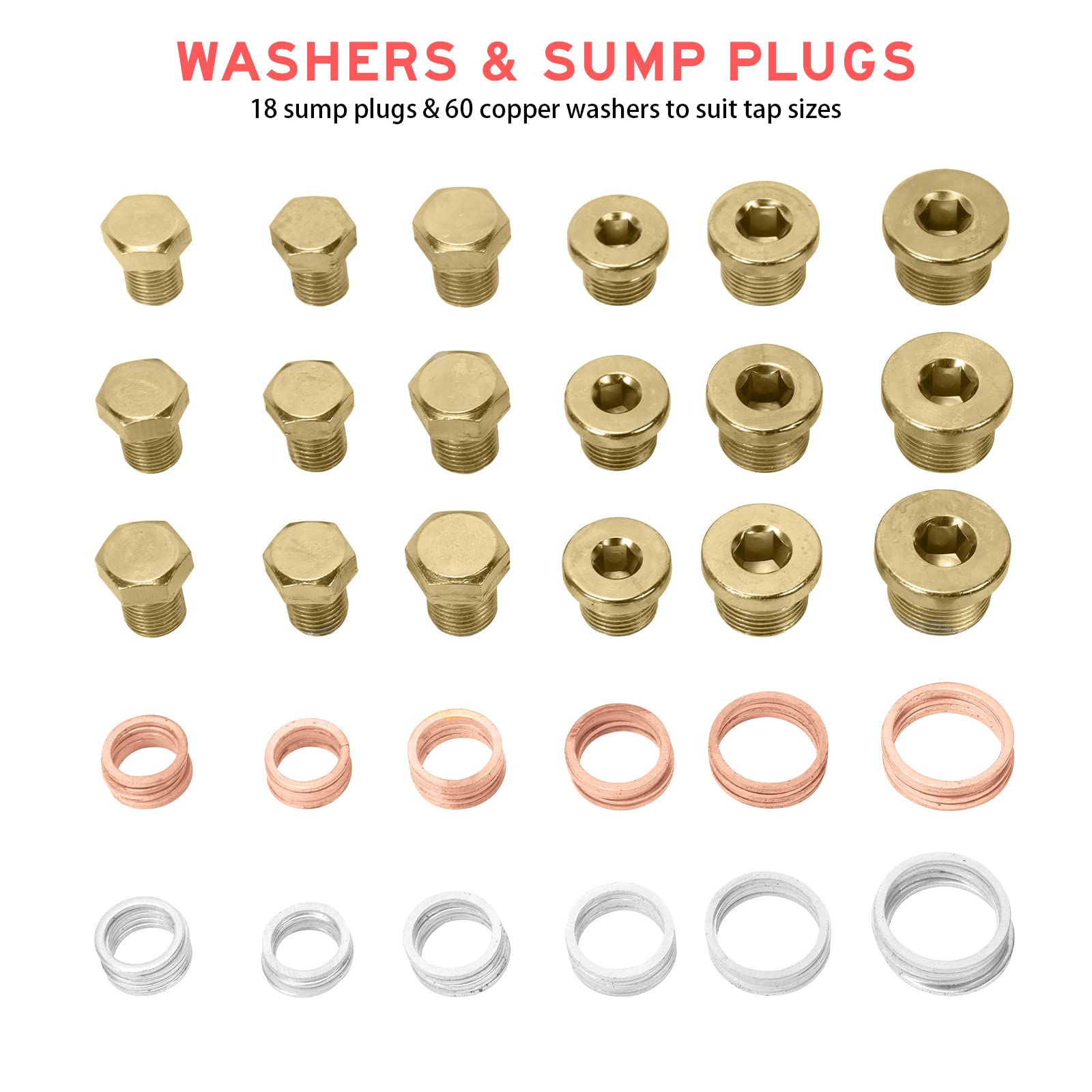BILITOOLS plugs and taps beside a ruler showing scale and clear size matching benefits