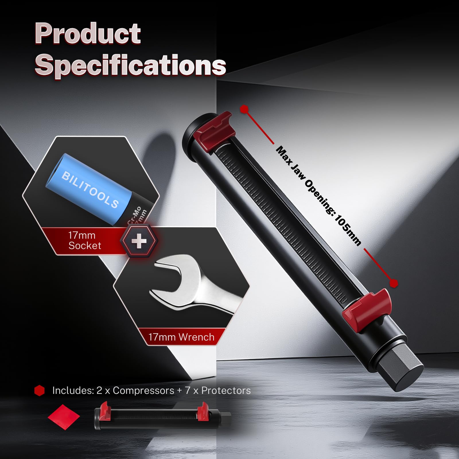 BILITOOLS compressor next to 17mm wrench showing compatible tool size benefit